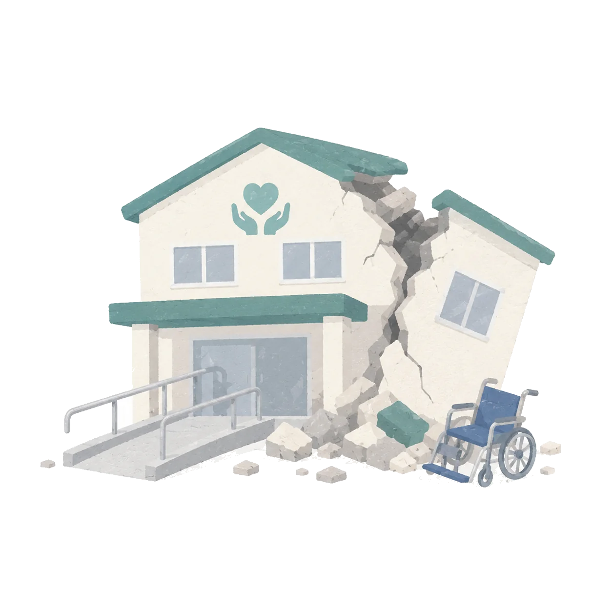 ひび割れた介護施設と車いすのイラスト